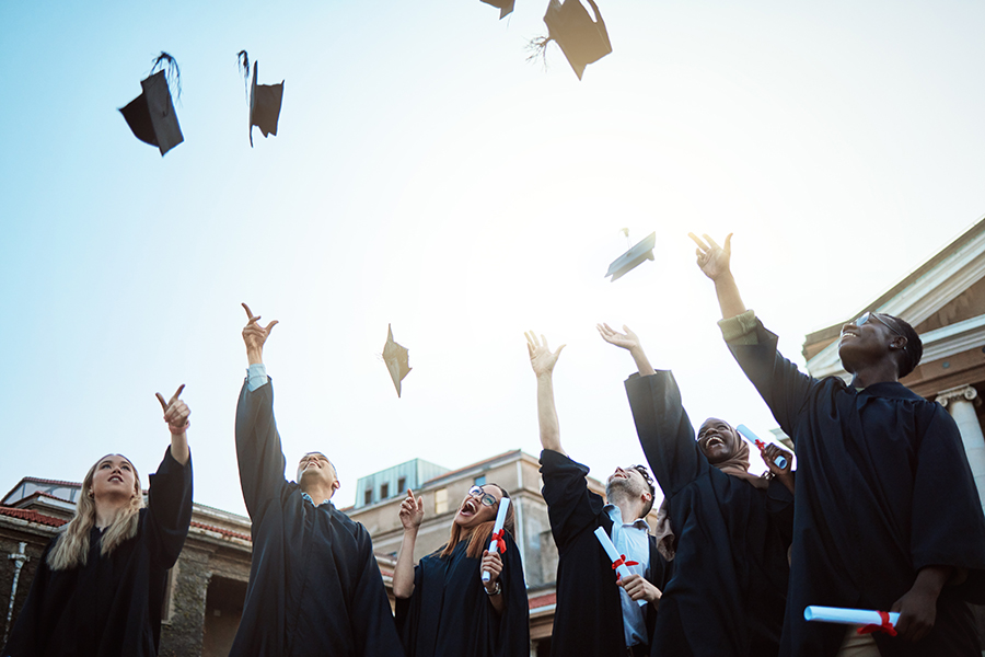 Diversity, graduation hat or students with celebration, university or happiness outdoor. Young peop.